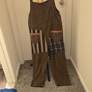 Easel Brown Patchwork Corduroy Overalls with Plaid & Stripes